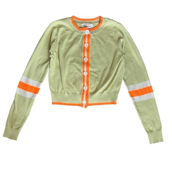 By Anthropologie Women’s Sporty Cardigan Sweater Light Green Neon Orange Stripe - Picture 12 of 13